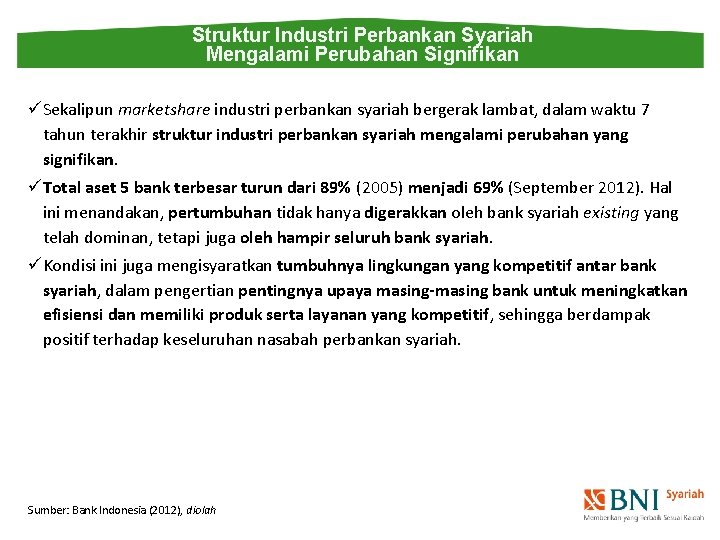Struktur Industri Perbankan Syariah Mengalami Perubahan Signifikan üSekalipun marketshare industri perbankan syariah bergerak lambat,