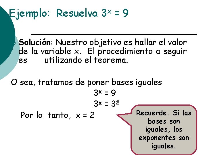 Ejemplo: Resuelva 3 x = 9 ¡ Solución: Nuestro objetivo es hallar el valor