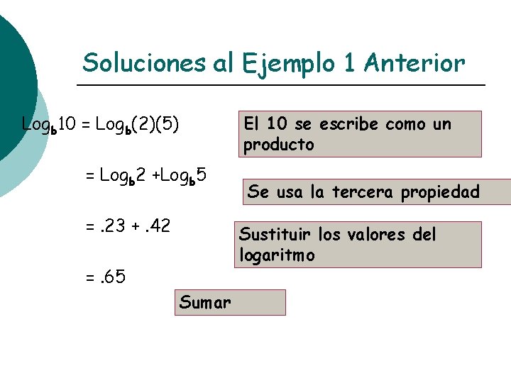 Soluciones al Ejemplo 1 Anterior Logb 10 = Logb(2)(5) El 10 se escribe como