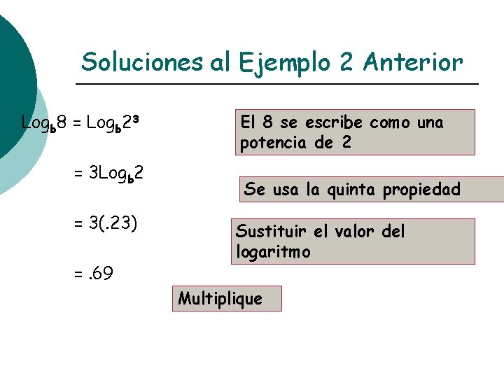 Soluciones al Ejemplo 2 Anterior Logb 8 = Logb 23 = 3 Logb 2