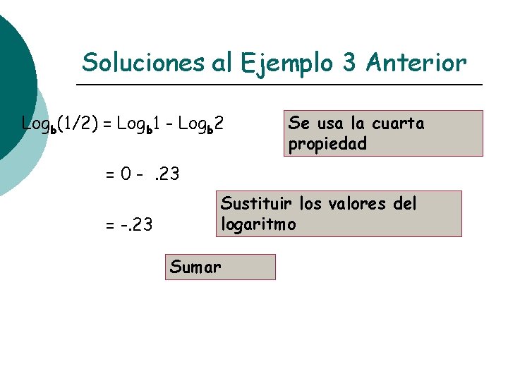 Soluciones al Ejemplo 3 Anterior Logb(1/2) = Logb 1 - Logb 2 Se usa