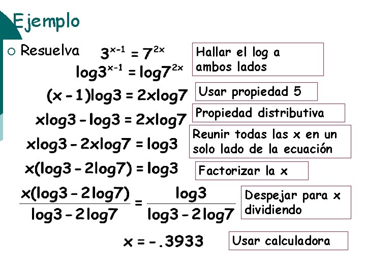 Ejemplo ¡ Resuelva Hallar el log a ambos lados Usar propiedad 5 Propiedad distributiva