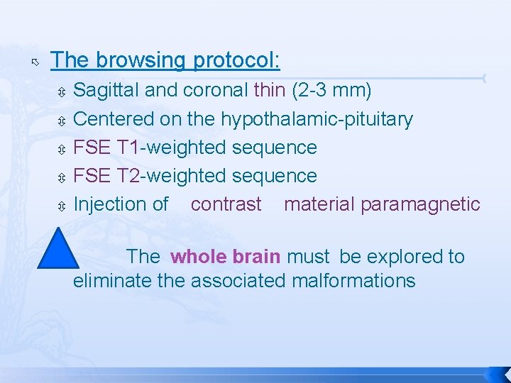  The browsing protocol: Sagittal and coronal thin (2 -3 mm) Centered on the