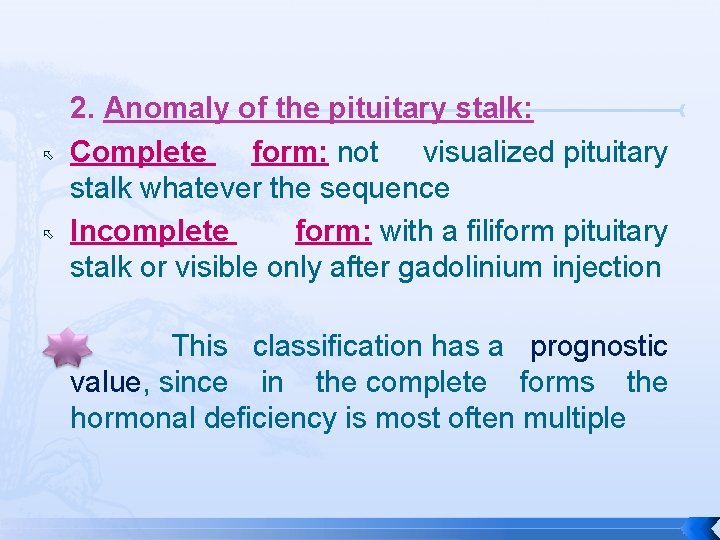  2. Anomaly of the pituitary stalk: Complete form: not visualized pituitary stalk whatever