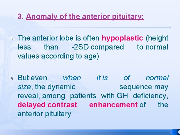 3. Anomaly of the anterior pituitary: The anterior lobe is often hypoplastic (height less