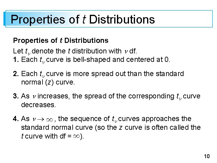 Properties of t Distributions Let tn denote the t distribution with n df. 1.