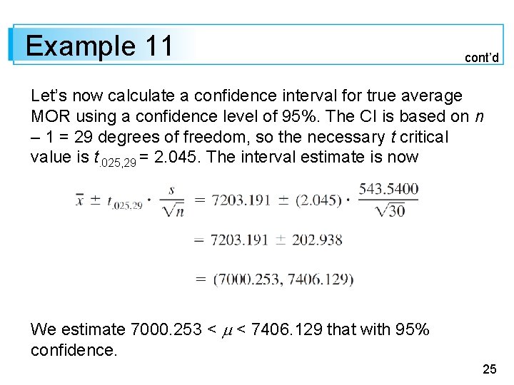 Example 11 cont’d Let’s now calculate a confidence interval for true average MOR using