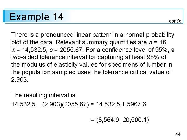 Example 14 cont’d There is a pronounced linear pattern in a normal probability plot