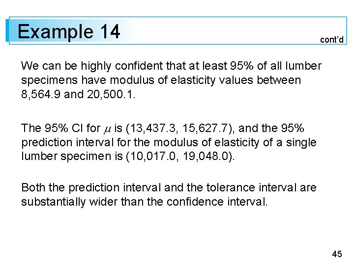 Example 14 cont’d We can be highly confident that at least 95% of all