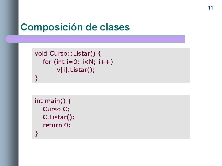 11 Composición de clases void Curso: : Listar() { for (int i=0; i<N; i++)