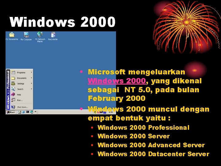 Windows 2000 • Microsoft mengeluarkan Windows 2000, yang dikenal sebagai NT 5. 0, pada