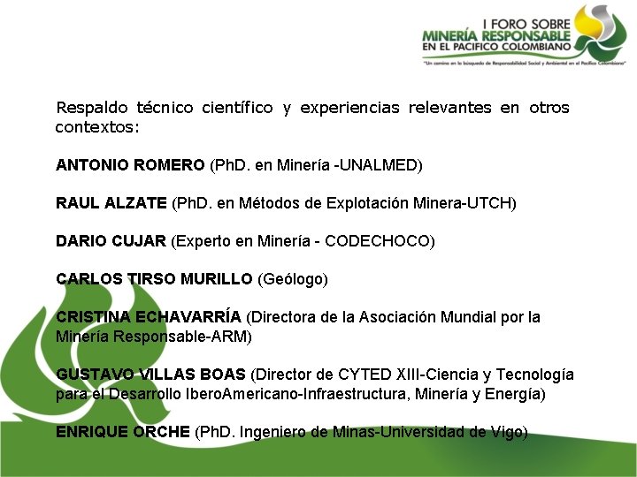 Respaldo técnico científico y experiencias relevantes en otros contextos: ANTONIO ROMERO (Ph. D. en