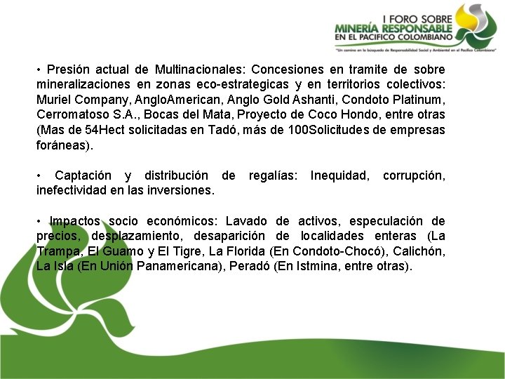  • Presión actual de Multinacionales: Concesiones en tramite de sobre mineralizaciones en zonas