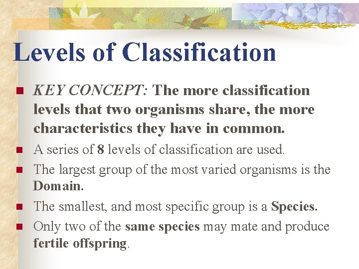 Levels of Classification n KEY CONCEPT: The more classification levels that two organisms share,