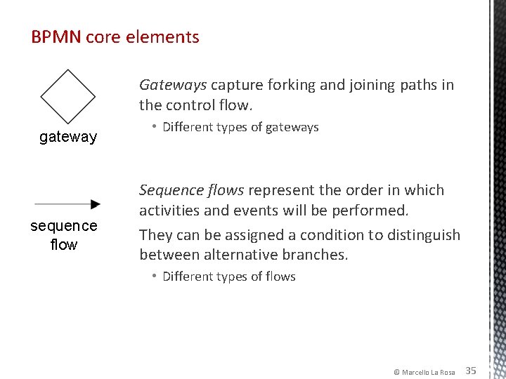 BPMN core elements Gateways capture forking and joining paths in the control flow. gateway