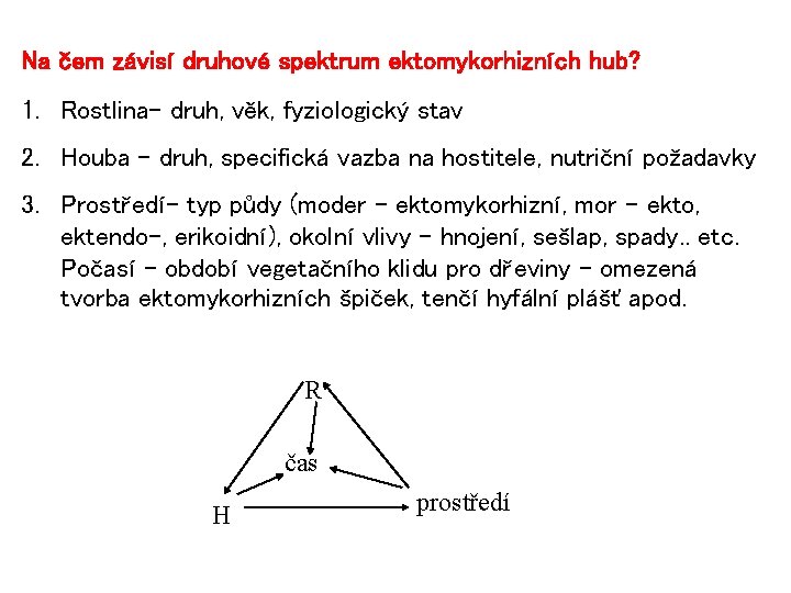 Na čem závisí druhové spektrum ektomykorhizních hub? 1. Rostlina- druh, věk, fyziologický stav 2.