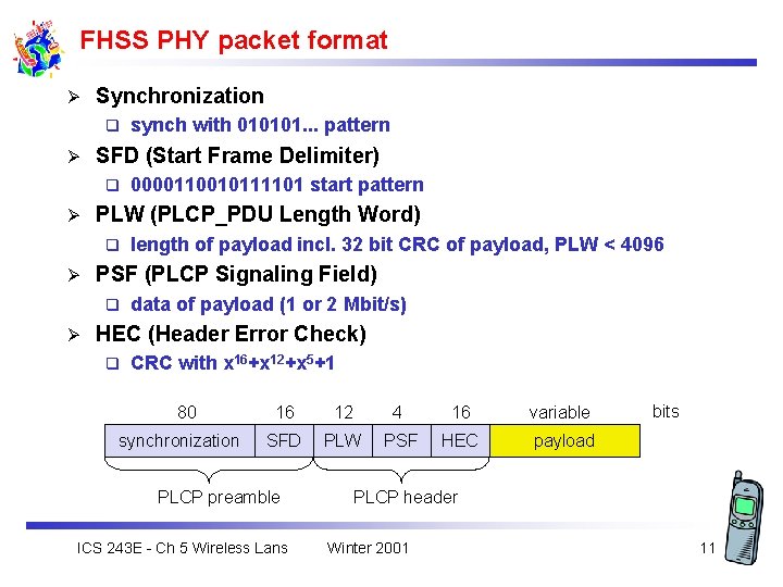 FHSS PHY packet format Ø Synchronization q Ø SFD (Start Frame Delimiter) q Ø