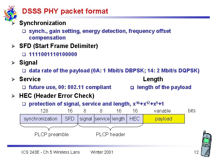 DSSS PHY packet format Ø Synchronization q Ø SFD (Start Frame Delimiter) q Ø