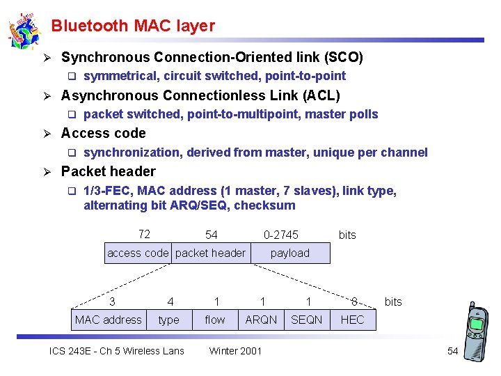 Bluetooth MAC layer Ø Synchronous Connection-Oriented link (SCO) q Ø Asynchronous Connectionless Link (ACL)