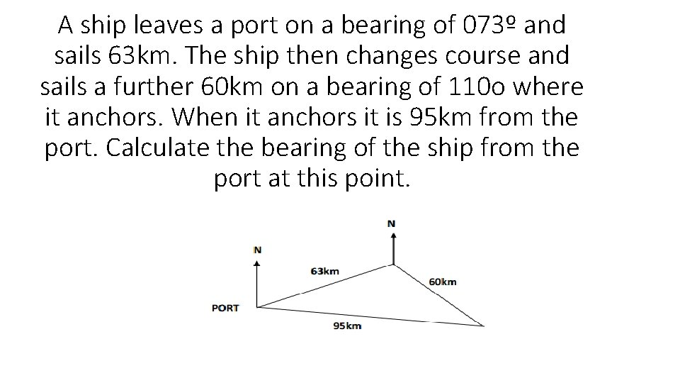 A ship leaves a port on a bearing of 073º and sails 63 km.