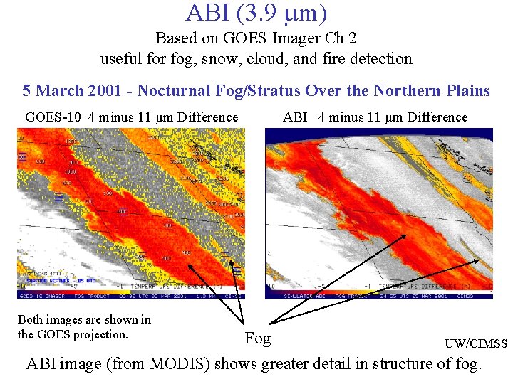 ABI (3. 9 m) Based on GOES Imager Ch 2 useful for fog, snow,