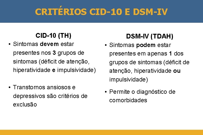 CRITÉRIOS CID-10 E DSM-IV CID-10 (TH) • Sintomas devem estar presentes nos 3 grupos
