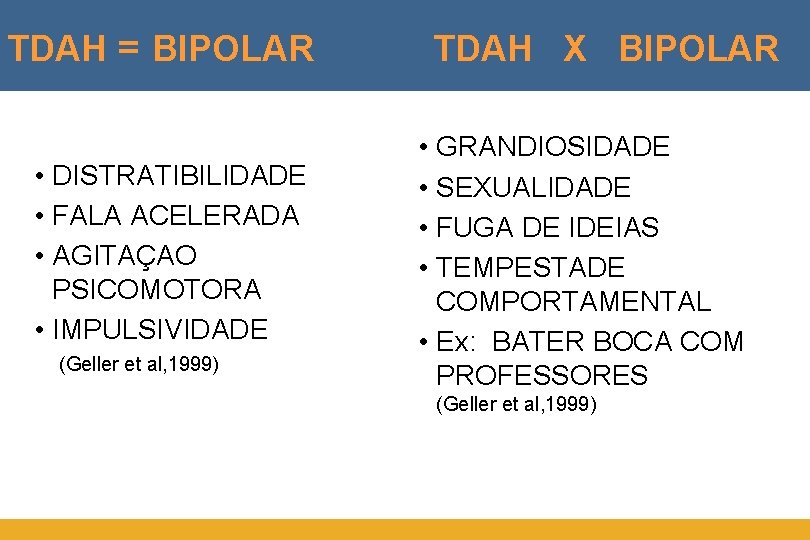 TDAH = BIPOLAR • DISTRATIBILIDADE • FALA ACELERADA • AGITAÇAO PSICOMOTORA • IMPULSIVIDADE (Geller