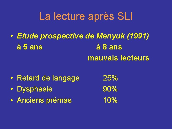 La lecture après SLI • Etude prospective de Menyuk (1991) à 5 ans à