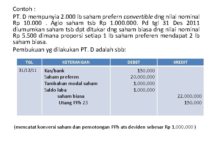 Contoh : PT. D mempunyia 2. 000 lb saham prefern convertible dng nilai nominal