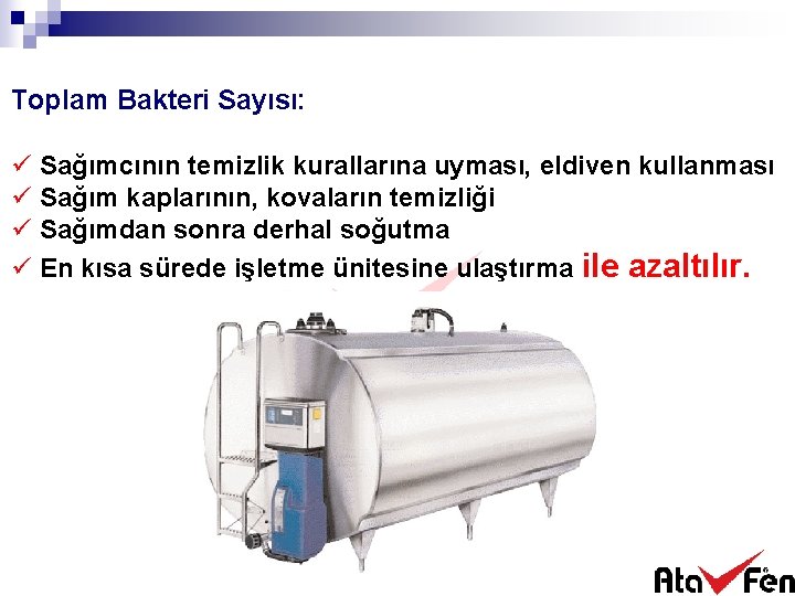 Toplam Bakteri Sayısı: ü Sağımcının temizlik kurallarına uyması, eldiven kullanması ü Sağım kaplarının, kovaların