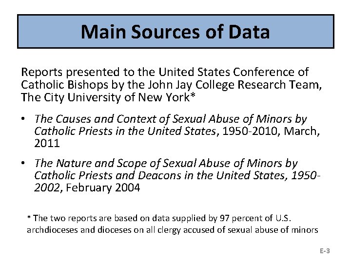 Main Sources of Data Reports presented to the United States Conference of Catholic Bishops