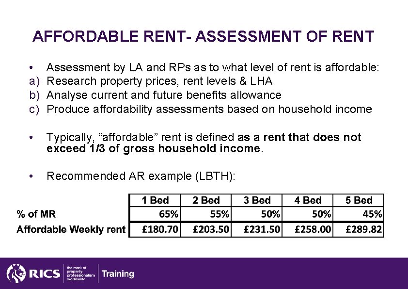 AFFORDABLE RENT- ASSESSMENT OF RENT • a) b) c) Assessment by LA and RPs