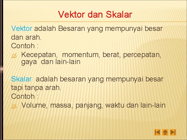 Vektor dan Skalar Vektor adalah Besaran yang mempunyai besar dan arah. Contoh : Kecepatan,