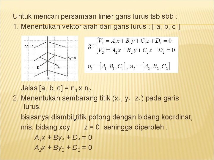 Untuk mencari persamaan linier garis lurus tsb sbb : 1. Menentukan vektor arah dari
