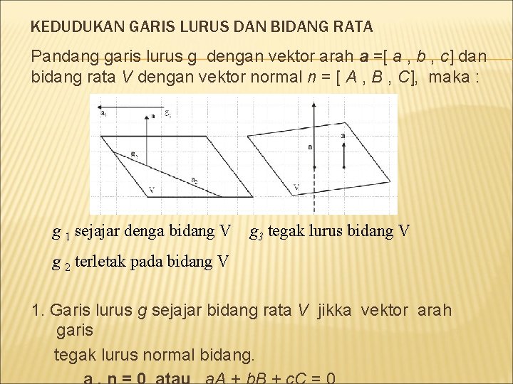 KEDUDUKAN GARIS LURUS DAN BIDANG RATA Pandang garis lurus g dengan vektor arah a