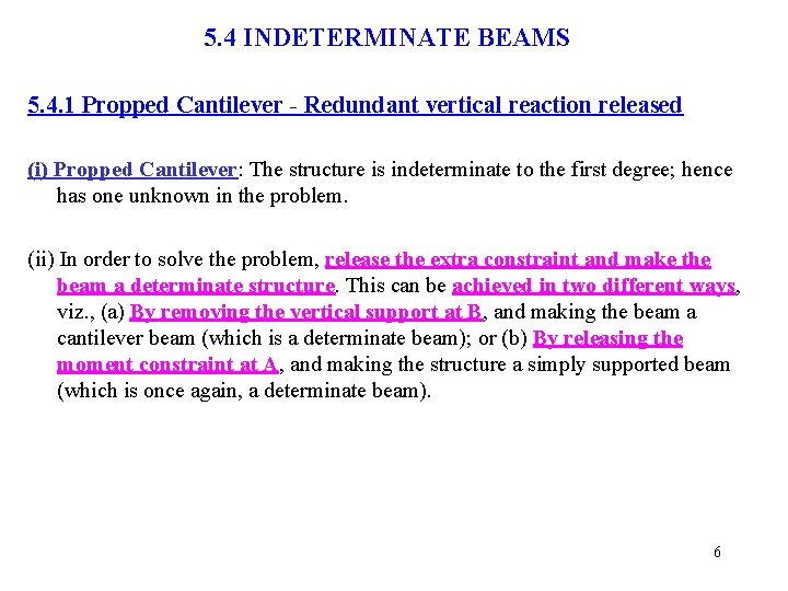 5. 4 INDETERMINATE BEAMS 5. 4. 1 Propped Cantilever - Redundant vertical reaction released