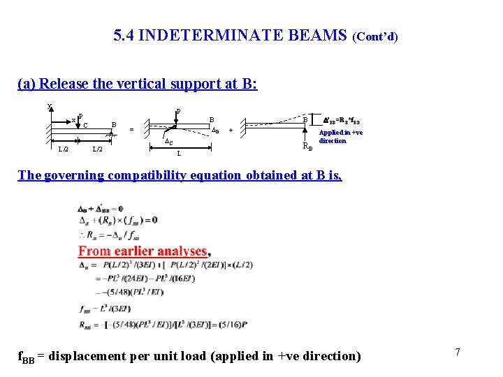 5. 4 INDETERMINATE BEAMS (Cont’d) (a) Release the vertical support at B: y x 5. 4 INDETERMINATE BEAMS (Cont’d) (a) Release the vertical support at B: y x
