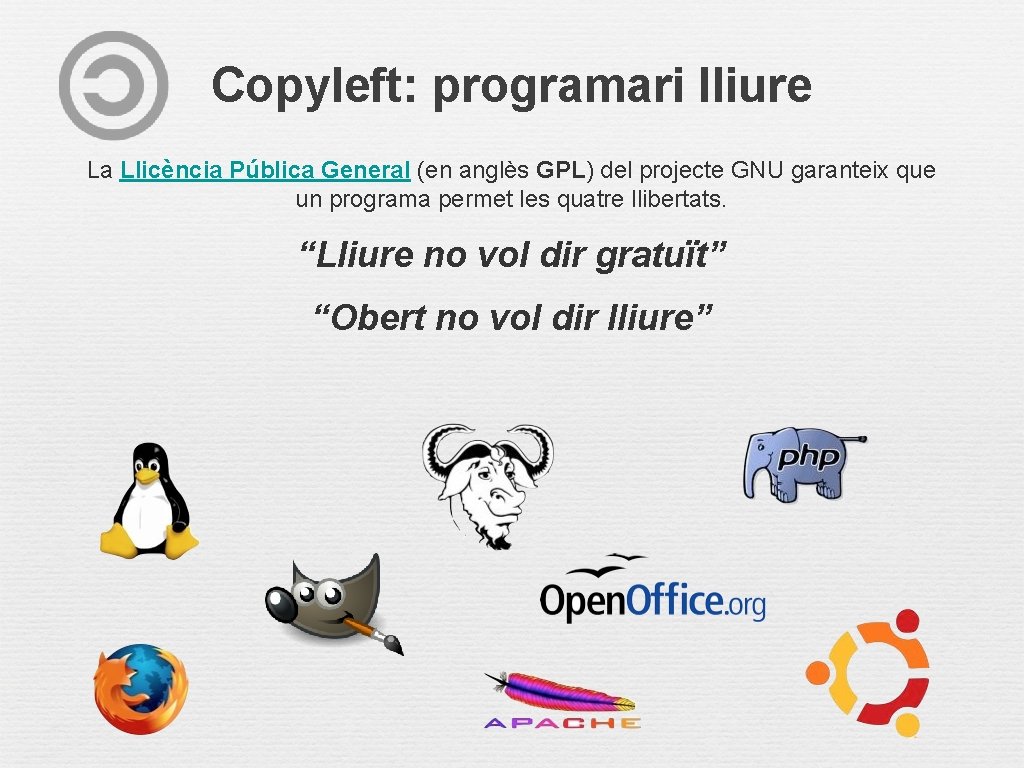 Copyleft: programari lliure La Llicència Pública General (en anglès GPL) del projecte GNU garanteix