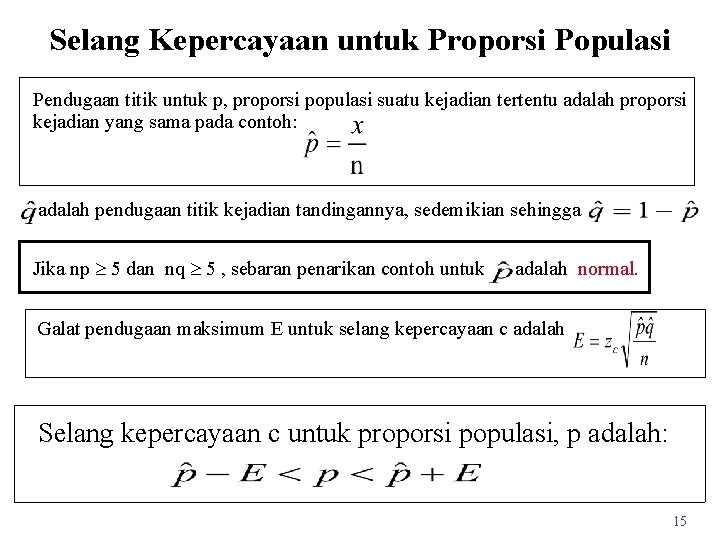 Selang Kepercayaan untuk Proporsi Populasi Pendugaan titik untuk p, proporsi populasi suatu kejadian tertentu