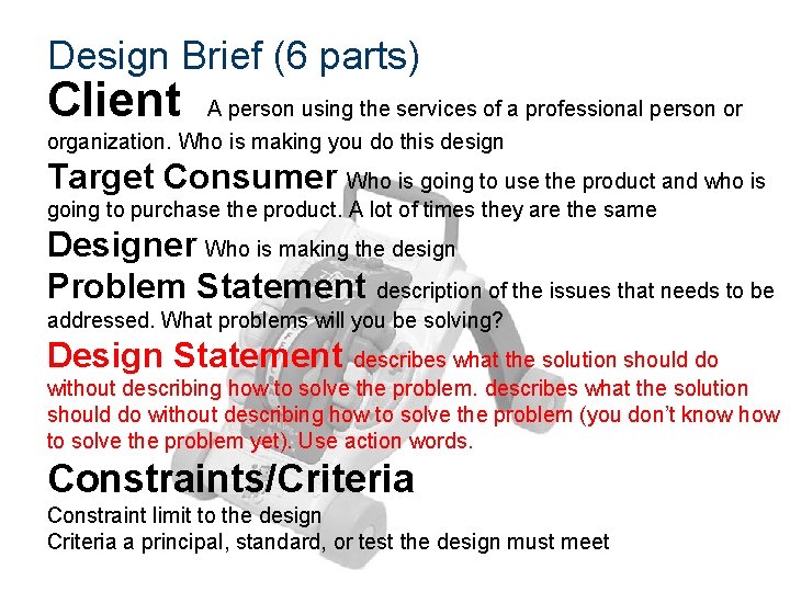 Design Brief (6 parts) Client A person using the services of a professional person