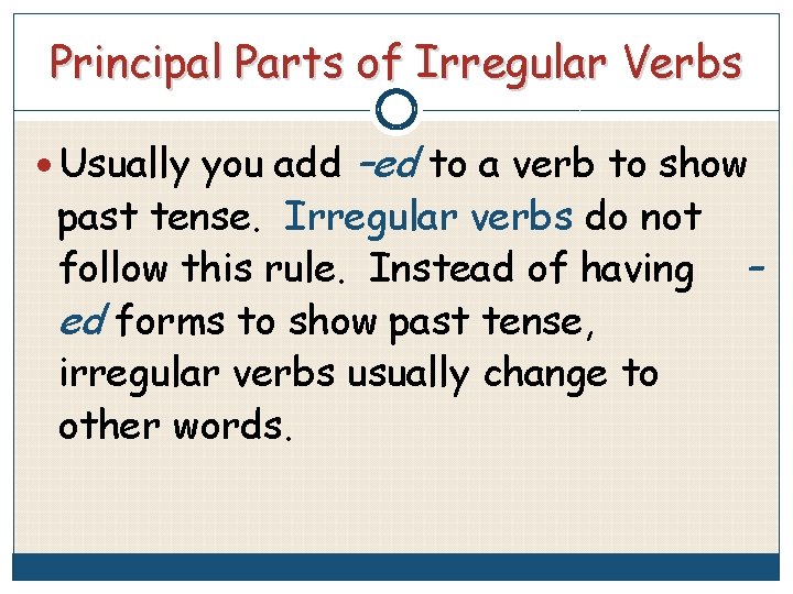 Principal Parts of Irregular Verbs Usually you add –ed to a verb to show