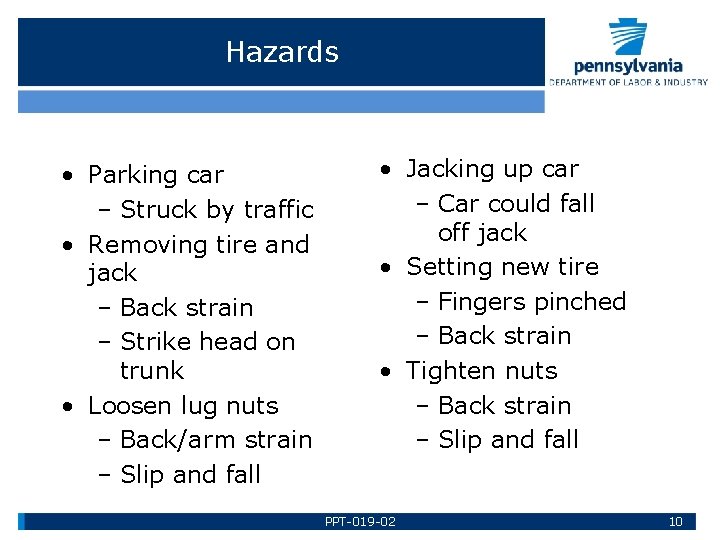 Hazards • Parking car – Struck by traffic • Removing tire and jack –
