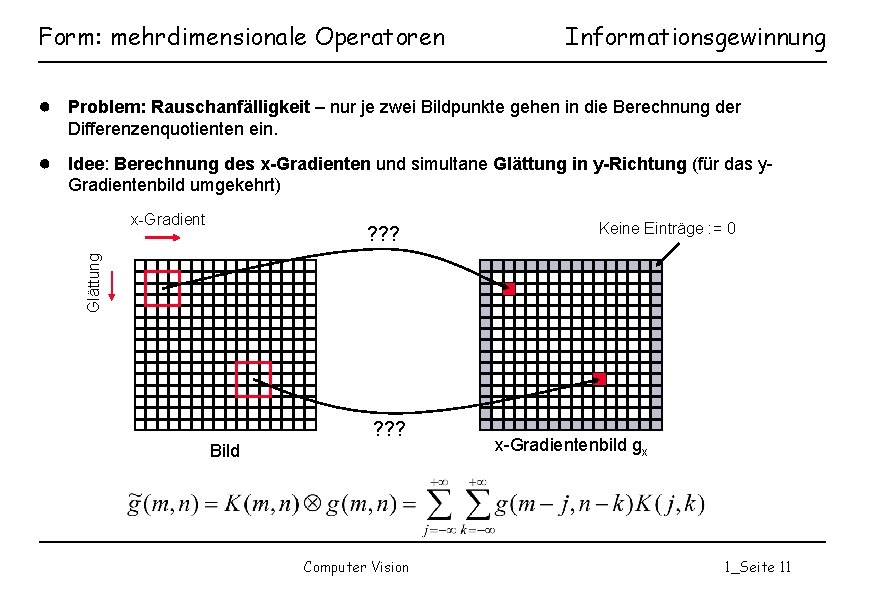 Form: mehrdimensionale Operatoren Informationsgewinnung ● Problem: Rauschanfälligkeit – nur je zwei Bildpunkte gehen in