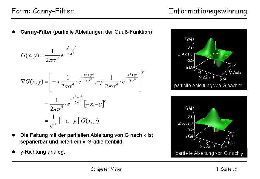 Form: Canny-Filter Informationsgewinnung ● Canny-Filter (partielle Ableitungen der Gauß-Funktion) partielle Ableitung von G nach