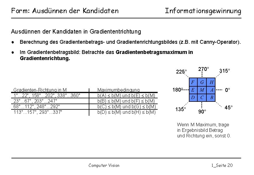 Form: Ausdünnen der Kandidaten Informationsgewinnung Ausdünnen der Kandidaten in Gradiententrichtung ● Berechnung des Gradientenbetrags-
