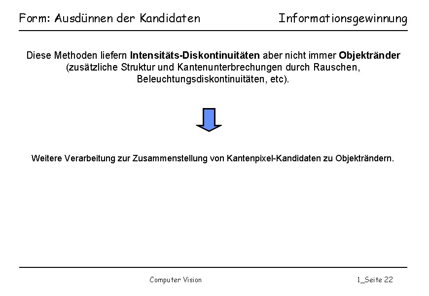 Form: Ausdünnen der Kandidaten Informationsgewinnung Diese Methoden liefern Intensitäts-Diskontinuitäten aber nicht immer Objektränder (zusätzliche