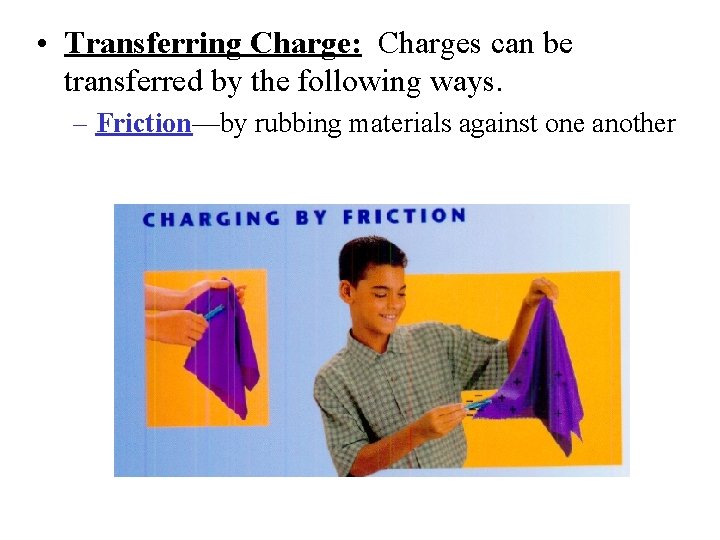  • Transferring Charge: Charges can be transferred by the following ways. – Friction—by