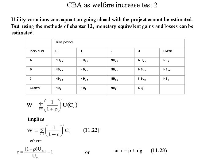 CBA as welfare increase test 2 Utility variations consequent on going ahead with the