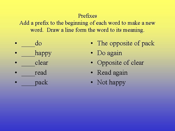 Prefixes Add a prefix to the beginning of each word to make a new