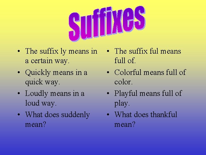  • The suffix ly means in a certain way. • Quickly means in